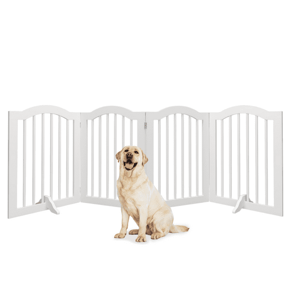 27.6" Height Tall Freestanding Pet Gate, 4 Panels Foldable Dog Gate, Solid Wood Folding Safety Fence Wooden Dog Gate with 2 pcs Support Feet Ideal for Stairs, Doorways, Halls, Kitchens