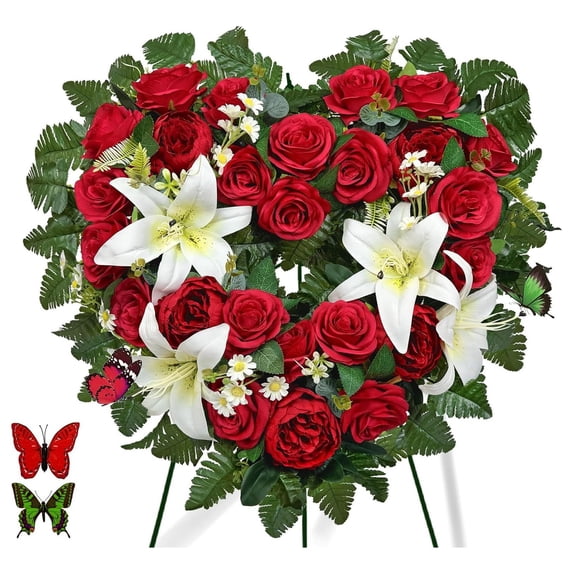 27.6 Inch Cemetery Flower Wreath with Stand, Handmade Red Rose Hibiscus ...