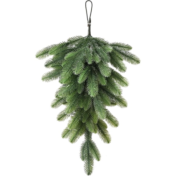 27.6-Inch Green Pine Needles Teardrop Swag - Christmas Door Wreath, Faux Greenery Garland Hanging for Holiday Wall, Lintel, Festival Decoration