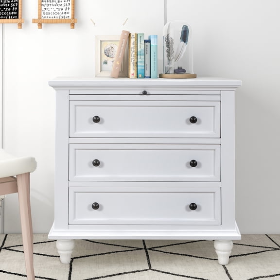 27.6 Inch White Painted Pine & MDF Nightstand with Pull-out Tray 3 Drawers Rubber Wood Leg American Traditional Side Table Total 150 Lbs Load Capacity Easy Assembly