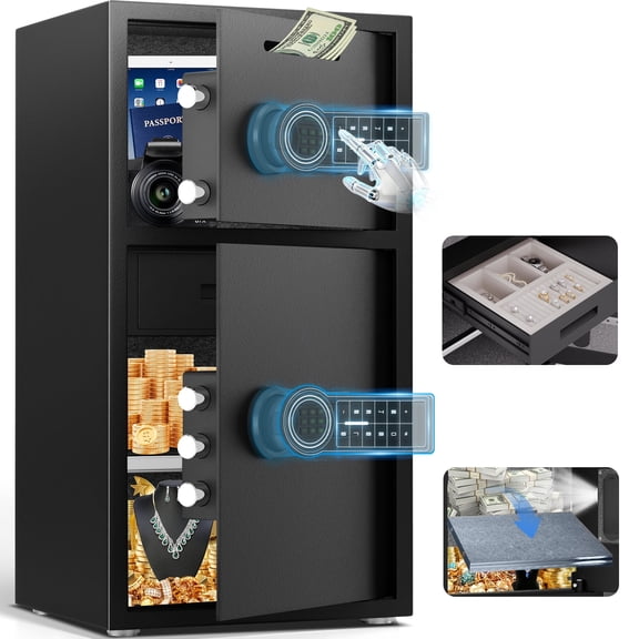 27.6" Large Security Safe Box with Dual Compartments, Electronic Double Door Safe for Home Business, Anti-Theft Money Safe with Internal Drawer and LED Lights