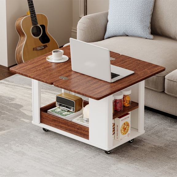27.6" Modern Multi-Function Coffee Table with Foldable Top & Casters, Multi-Tier Storage Side Table, Black & Walnut Finish