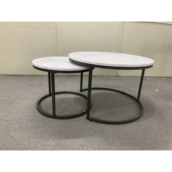 27.6" Nesting Coffee Table Set of 2, Round Coffee Table Wood Marble Pattern Top with Sturdy Metal Frame, End Table Side Tables for Living Room Bedroom Balcony Yard (White)