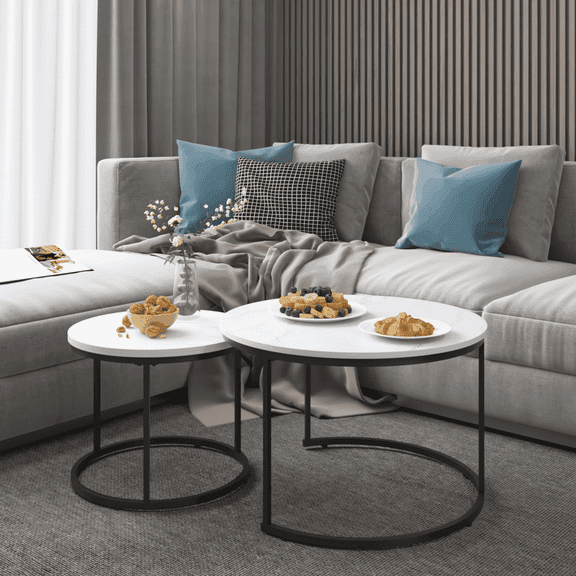 Round Nesting Coffee Table Set of 2 for Living Room, 27.6 Wood Grain Faux Marble Modern Stacking Circle Side End Table with Metal Frame for Bedroom