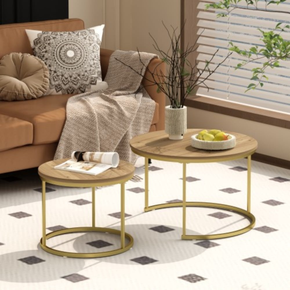 27.6" Nesting Coffee Table Set of 2, Round Wood Marble Pattern Top with Sturdy Metal Frame, Stackable End Tables for Living Room, Bedroom, Office, Brown & Gold