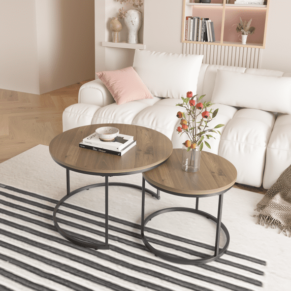 27.6" Nesting Round Coffee Table Wood Marble Pattern Top, Brown End Table Side Tables for Living Room, Bedroom & Office