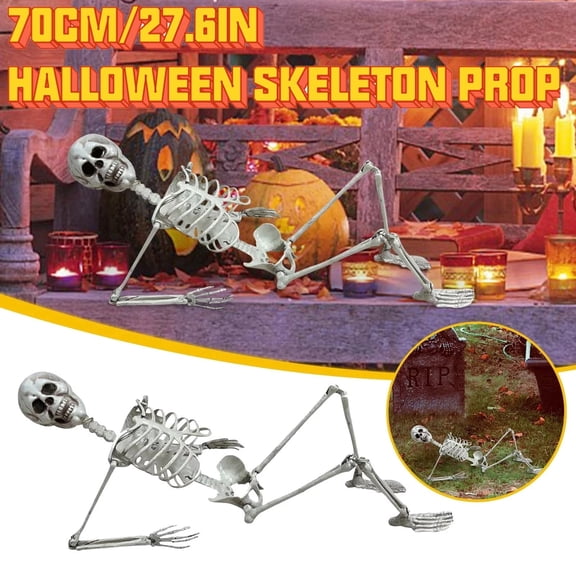 27.6 Inch Poseable Plastic Skeleton Halloween Prop, Adjustable Joint Full Bone Decor, Weatherproof Spooky Ornament for Yard Bar Haunted House Party Decoration