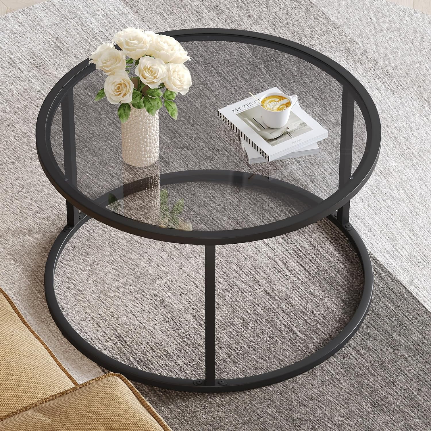 27.6'' Round Coffee Table 2 Tier Black Glass Coffee Tables with Storage ...