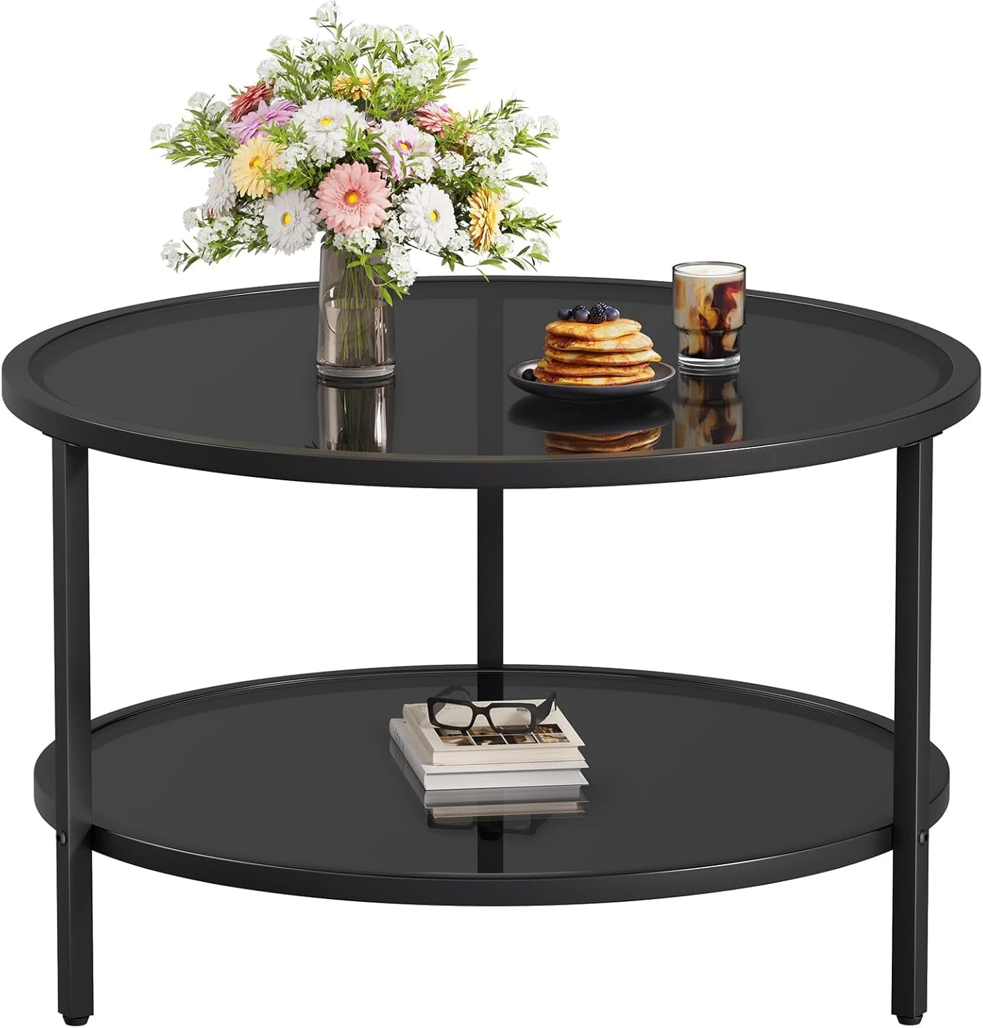 27.6'' Round Coffee Table 2 Tier Black Glass Coffee Tables with Storage
