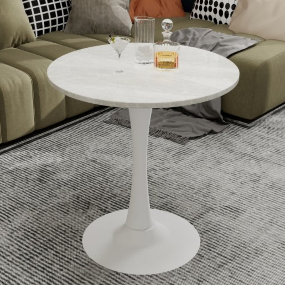 27.6" Round Coffee Table, White Veined Marble-Look Top with White Pedestal Base, Mid-Century Modern Dining Table for 2-4, Living Room