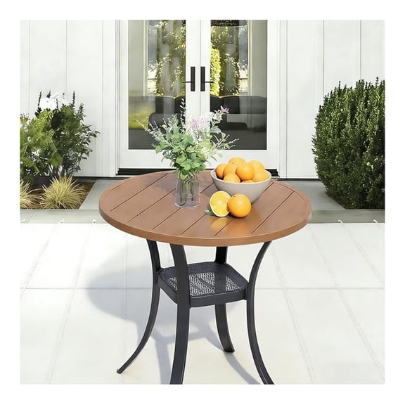 27.6" Round Outdoor Dining Table for 2, Metal Patio Dining Table with Umbrella Hole for Garden, Backyard and Deck, Walnut