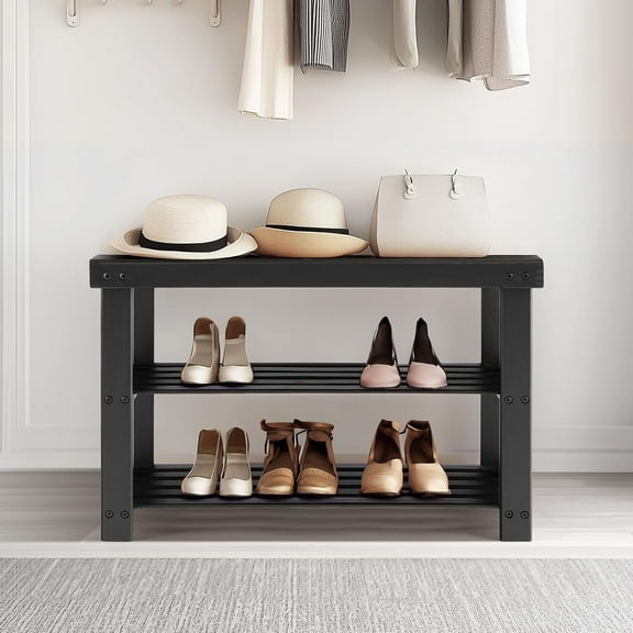 Blorly 27" Entryway Shoe Storage Bench, Heavy Duty 3-Tier Wooden Shoe Organizer, Sturdy Seating Bench for Hallway & Mudroom, Modern Industrial Bed End Stool, Black