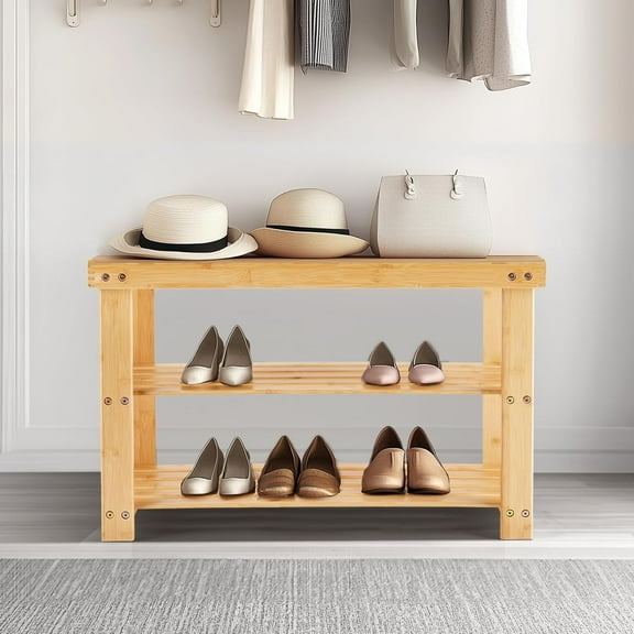 27.6" Shoe Rack Bench, 3-Tier Entryway Storage Organizer Shelf, Heavy Load Capacity, Wood