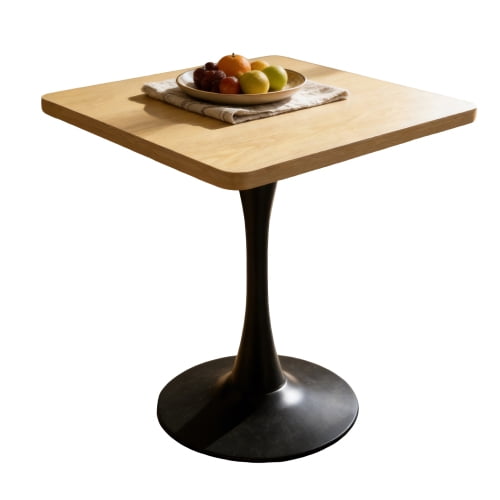27.6" Square Tulip Dining Table, Metal Pedestal Bistro Table, Mid Century Space-Saving Accent Table for Kitchen, Living Room, Cafe (Natural)