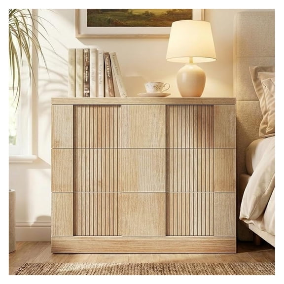 27.6 Tall Fluted Nightstand, 31.5 Wide Oversized Night Stands, Extra Large Wood Bedside Side Table, 3 Drawers Storage, -Century Modern End Table for Bedroom Sofa Living Room, Thickened Top, Oak