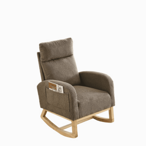 27.6"W Modern Accent High Backrest Living Room Lounge Arm Rocking Chair, Two Side Pocket Coffee + Fabric + Foam