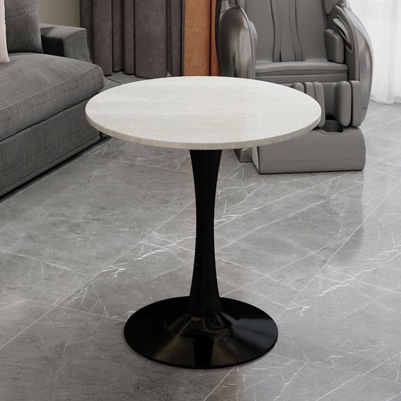 Black White 27.6-inch Round White Marble Top Dining Table, Black Iron Pedestal Base, Seats 2-4