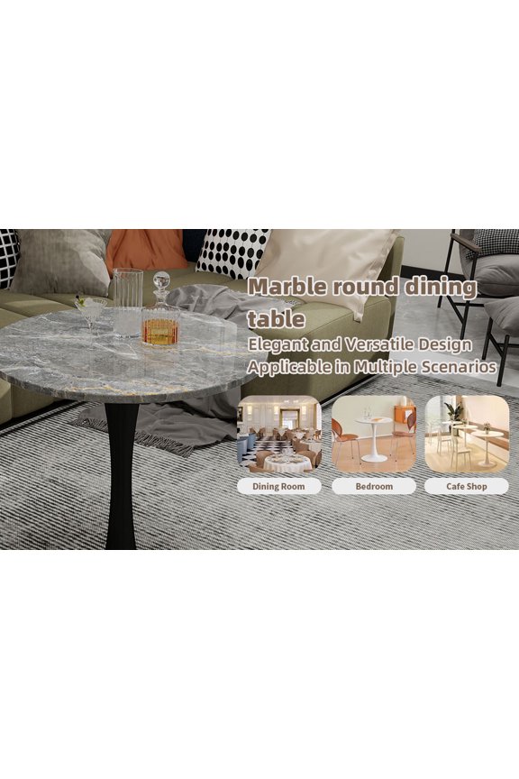 27.6-inch black coffee table, mid-century modern style dining table, accommodates 2-4 people, featuring a round dark gray textured marble tabletop, suitable for various settings.