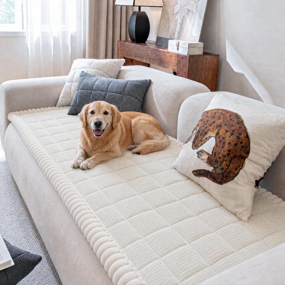 27.6"x70.9"Cream White Quilted Pet Sofa Protector Mat, Non‑Slip Washable Dog Couch Cover with Pom‑Pom Fringe Edge, Stain‑Resistant Furniture Cushion Pad for Dogs & Cats
