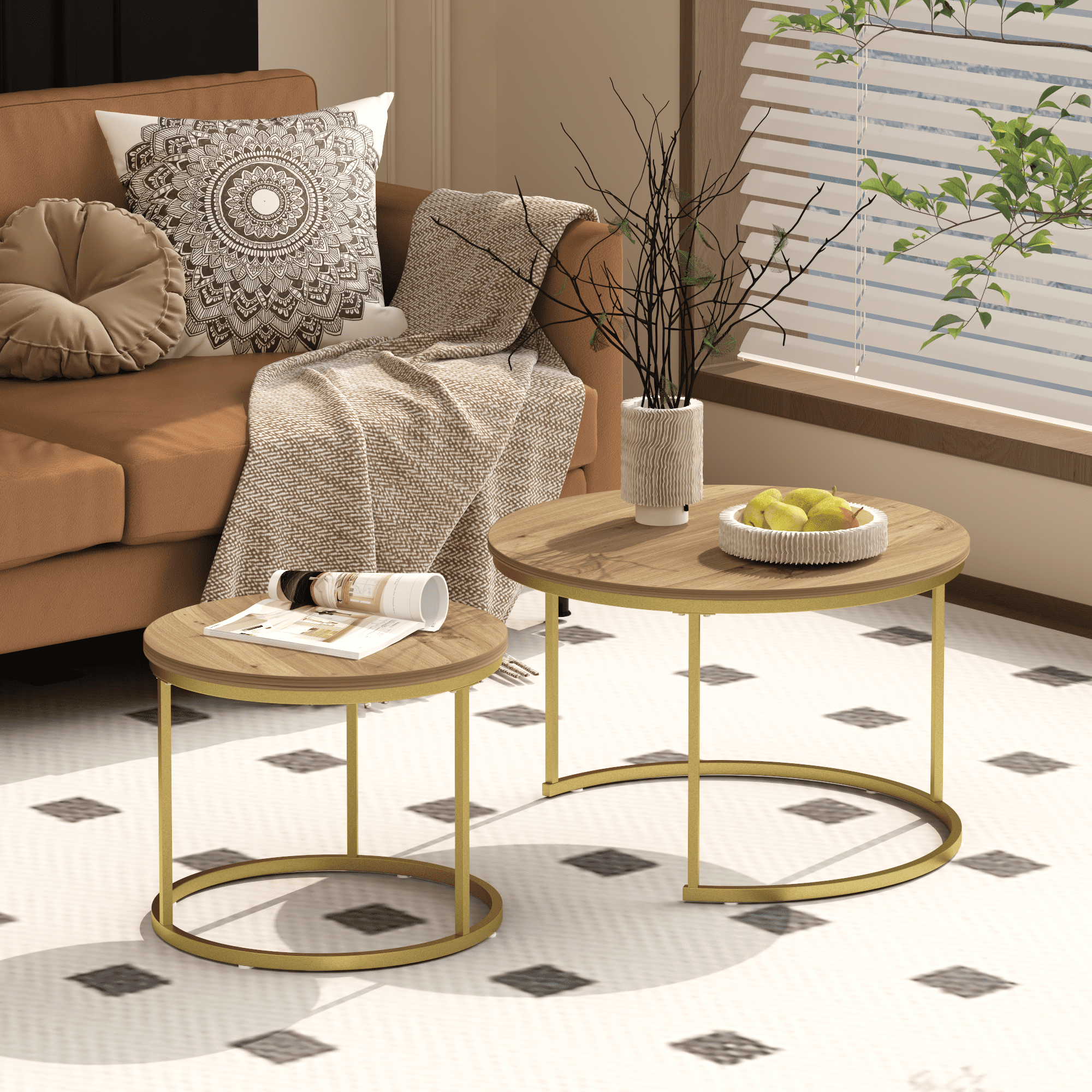 27.6in Nesting Coffee Table Set of 2, Round Coffee Table Wood Marble Pattern Top with Sturdy Metal Frame, End Table Side Tables for Living Room Bedroom Balcony Yard (Brown)
