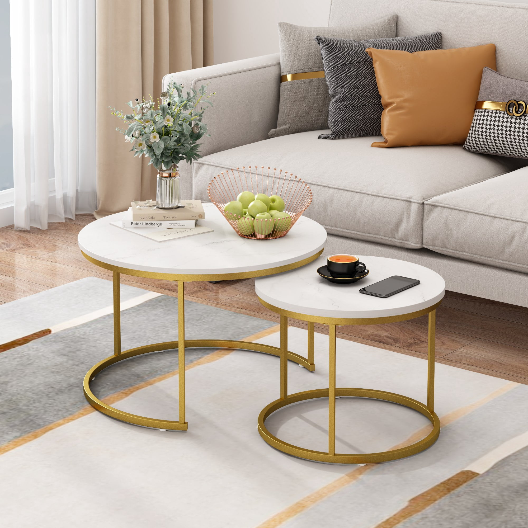 27.6in Nesting Coffee Table Set of 2, Round Coffee Table Wood Marble Pattern Top with Sturdy Metal Frame, End Table Side Tables for Living Room Bedroom Balcony Yard (White)