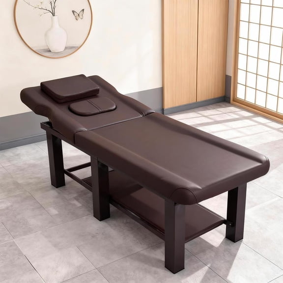 27.6in Wide × 72.8in Long Stationary Massage Table with Backrest and Storage Space, Metal Frame PU Leather for Treatments Table Physical Therapy Table Spa Facial Bed, 6 Square Legs