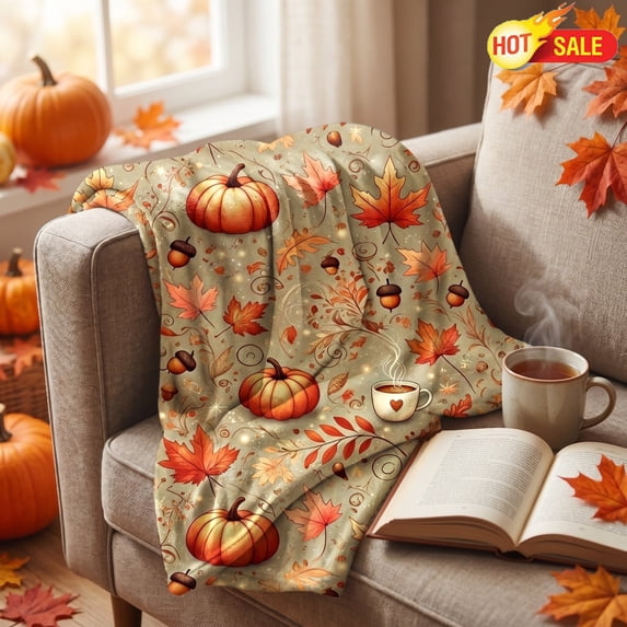 27.6x39 Inch Fall Flannel Throw Blanket, Pumpkin Maple Leaf Autumn Plush Blanket, Halloween Decor,Lightweight Warm Cover, Indoor Outdoor Farmhouse Sofa Bed Camping Thanksgiving Seasonal Decor Blanket