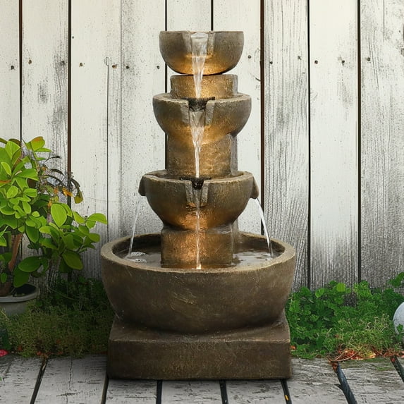 27.7" H Concrete Modern Water Fountain 4-Tier Indoor/Outdoor Water Fountain w/LED Lights Cascading Waterfall Features for Home Garden Backyard Decor