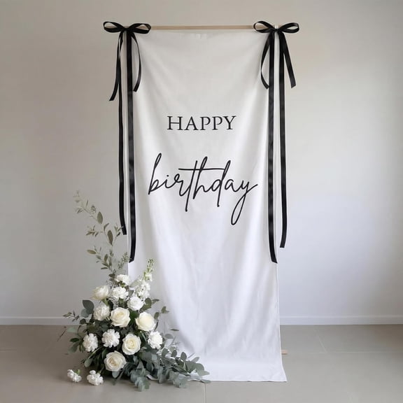 27 78 Inch Happy Birthday Fabric Banner Long Birthday Party Decorations Backdrop Coquette Rustic Photo Props Sign with Bow Hanging String for Party Yard Wall Decor