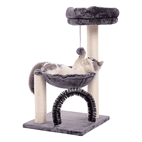 27.8" Multi-Level Cat Tree - Scratching Posts, Plush Basket & Perch with Dangling Toy, Sturdy Anti-Tip Design - Easy Assembly Cream/Gray