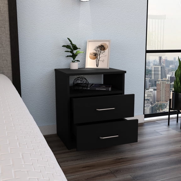 27.93 lb Black Nightstand with Shelf & Drawers / Sturdy Storage Solution