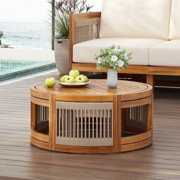 27.95 Acacia Wood Outdoor Coffee Table - Stylish Boho Patio Table with Handwoven Rope Accents & All-Weather Durability