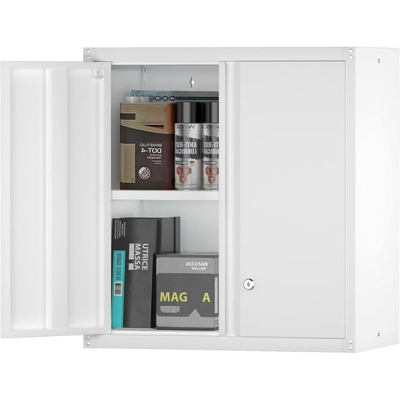 27.95"H Garage Wall Cabinets,Metal Wall Cabinet for Garage with 2 Doors,Locking Wall Mount Storage Cabinet with Adjustable Shelf for Laundry,Kitchen,Basement 13.78"D x 25.98"W x 27.95"H