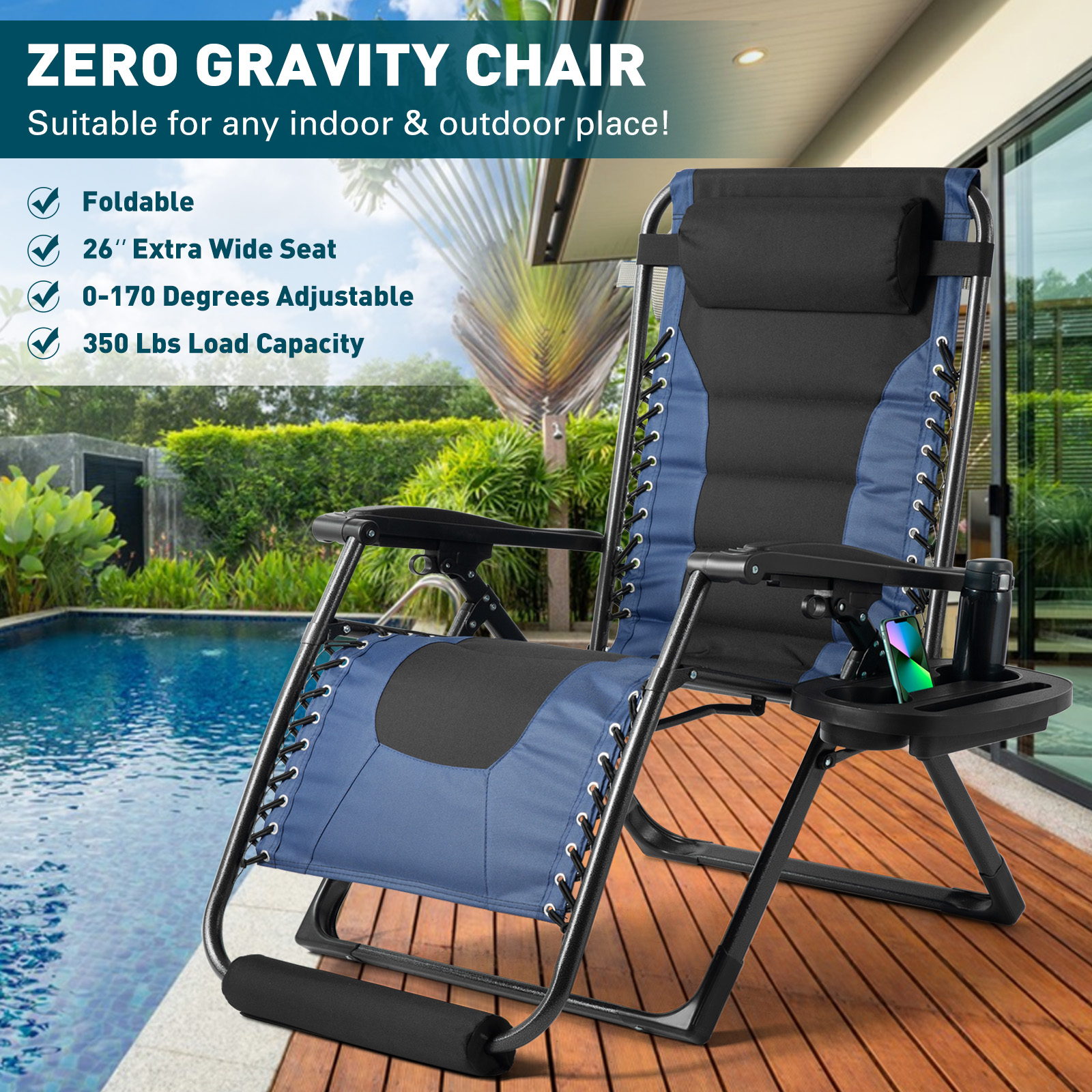 27.95" XL Zero Gravity Chair Oversized Adjustable Recliner Patio