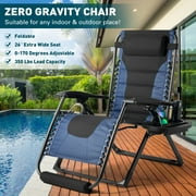 27.95" XL Zero Gravity Chair Oversized Adjustable Recliner Patio Lounger 350 lbs with Steel Mesh, Removable Pillows, Cup Holder, Foot Pad (Black+Blue)
