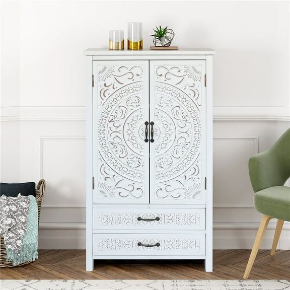 27'' Accent Tall Tower White Storage Cabinet - Rustic Wood Sideboard Pantry Cabinet - Versatile Buffet Cabinet with Storage for Home Decor and Organization Chic Cabinet with Two Doors and Two Drawers