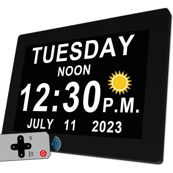 27 Alarms Digital Talking Clock with Time Date Announcement, Auto DST, 20 Custom Reminders, 10-Level Dimmer, Sleep Trainer, Large Day Calendar Clock for Elderly Dementia Alzheimers -with Remote