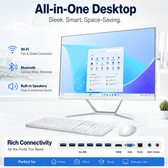 PTZZHEDM 27" All-in-One Business Computer, Intel N5095, 16GB RAM, 512GB SSD, Win10 Pro, White