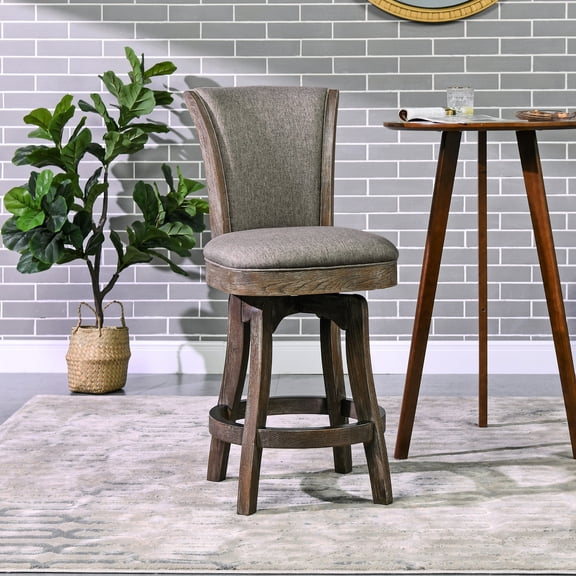 27" Armless Swivel Counter Height Bar Stool - Gray Linen Cover High For Relaxed Seating 360 Degree Option Solid Hardwood With Grain Brass- Footrest Region In Heathered Grey Comfortable & Seat