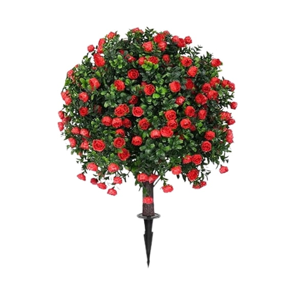 27" Artificial Boxwood Topiary Ball Trees with Red Roses - UV Resistant for Outdoor/Indoor, Garden & Porch Decor - Valentine's Day Gift with Ground Spike