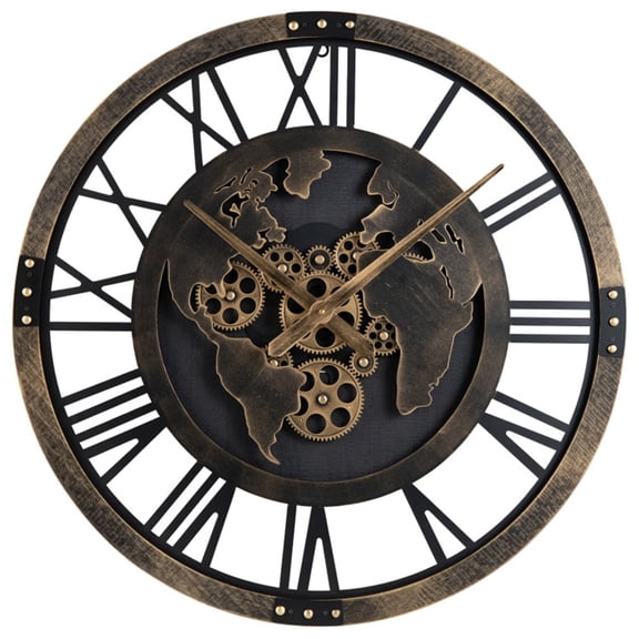 27" Brown Gear Wall Clock with World Map Non-Ticking Quartz Movement Decorative Home Clock (ABS & Metal)