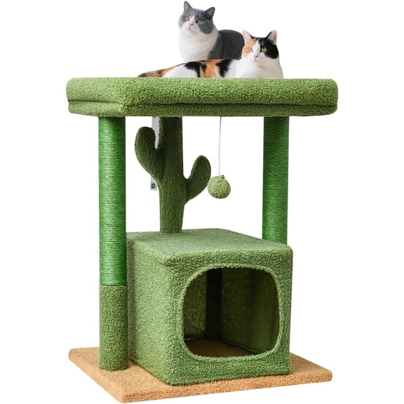 27" Cactus Cat Tree for Indoor Cats, Green Activity Tower with Scratching Posts, Modern Kitten Condo with Plush Perch & Hanging Ball for Play