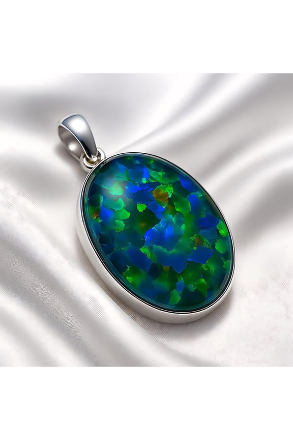 27 Carat Oval Ethiopian Opal Blue Green Fire Handmade Sterling Silver Necklace