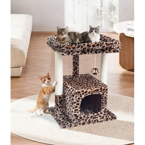 27" Cat Tree for Indoor Cats, Activity Tower with Scratching Posts, Modern Kitten Condo with Plush Perch & Hanging Ball for Play, Leopard Print