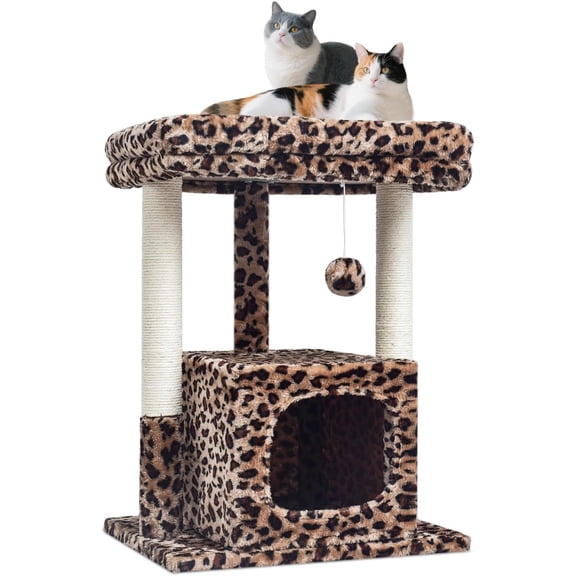27" Cat Tree for Indoor Cats, Activity Tower with Scratching Posts, Modern Kitten Condo with Plush Perch & Hanging Ball for Play, Leopard Print