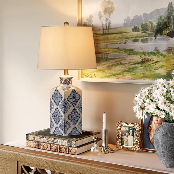 27" Chinoiserie Ceramic Table Lamp with Blue & White Porcelain Ginger Jar