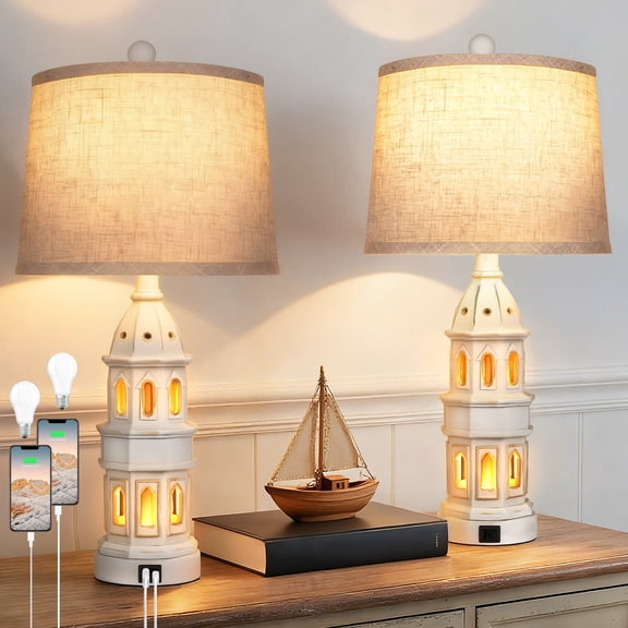 27"Coastal Table Lamps with USB A+C Set of 2, Modern Bedside Lamps for Bedroom,Living Room, End Table and Reading