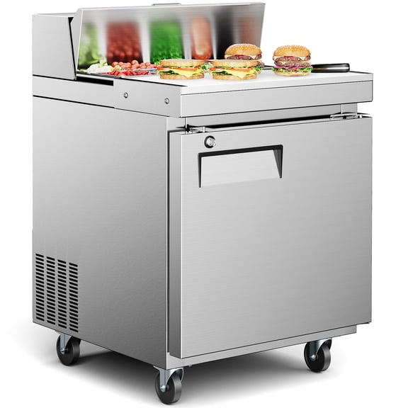 27" Commercial Refrigerator Sandwich&Salad Prep Table Fridge with 8 Pans 1 Door Stainless Steel Counter Fan Cooling Refrigerators