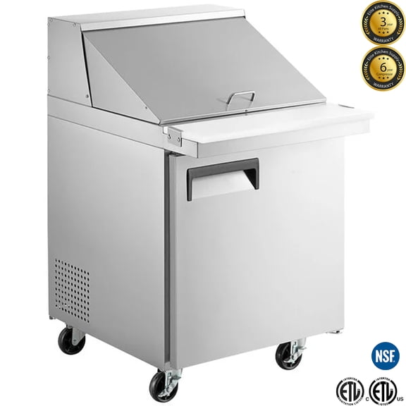 27" Commercial Stainless Steel Prep Refrigerator with Solid Lid 6 Cu Ft, Commercial Sandwich & Salad Prep Table, R290, ETL & NSF