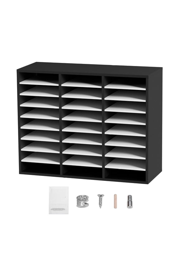 27 Compartment File Organizer, Wood Literature Holder, Adjustable Shelves MDF Mail Center for Office Home School, Documents, Magazines, Black & White